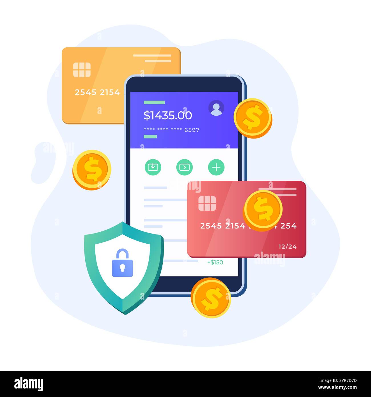 Modello vettoriale per illustrazione piatta del concetto di online banking, applicazione Secure mobile banking, trasferimento di denaro su Internet, e-banking, e-wallet, Invio e destinatario Illustrazione Vettoriale