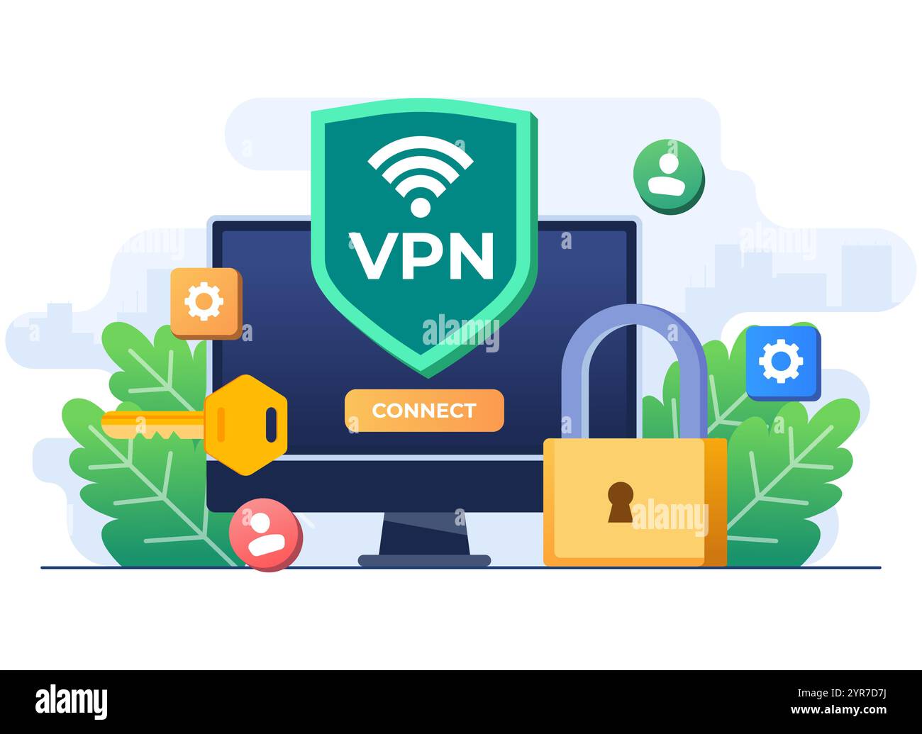 Rete privata virtuale, VPN, traffico Web sicuro, trasferimento dati crittografati, accesso sicuro alla rete, sicurezza su Internet, protezione dei dati, cibersicurezza, Illustrazione Vettoriale