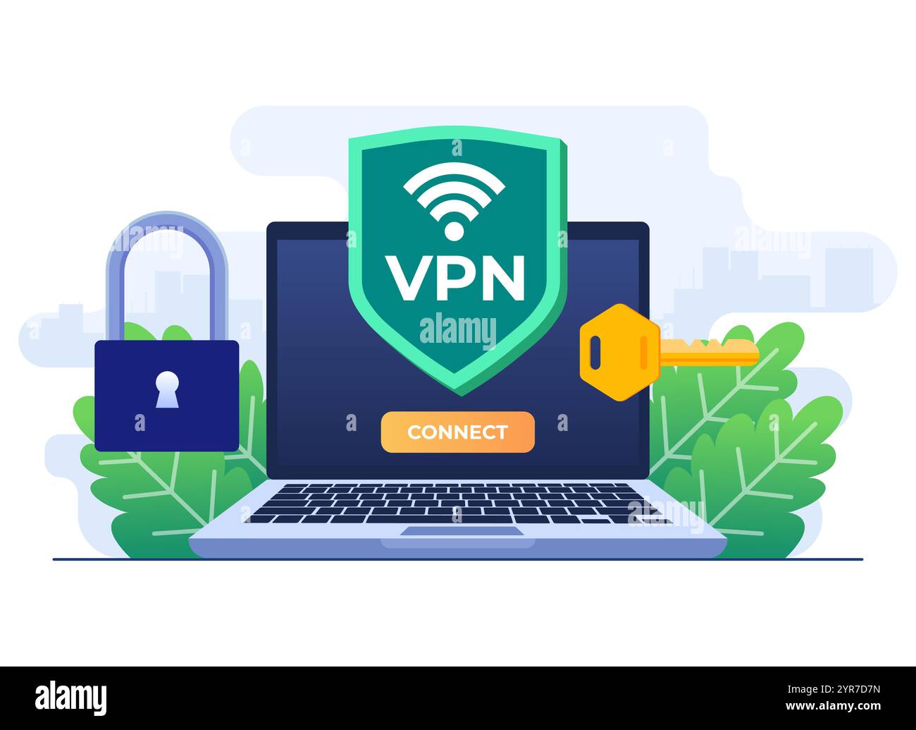 Illustrazione piatta della rete privata virtuale, traffico Web sicuro, trasferimento dati crittografati, accesso VPN, protezione dei dati personali digitali, server remoto, S Illustrazione Vettoriale