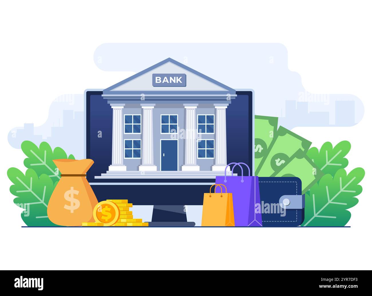 Modello illustrativo vettoriale piatto del concetto bancario online, investimenti bancari, depositi, prestiti, borse, protezione del denaro, risparmio e finanza, e-wal Illustrazione Vettoriale