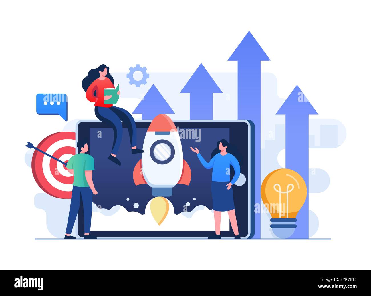 Businesspeople lancia un progetto aziendale di startup, strategia aziendale di successo, sviluppo aziendale, imprenditorialità, prodotto innovazione, io creativo Illustrazione Vettoriale