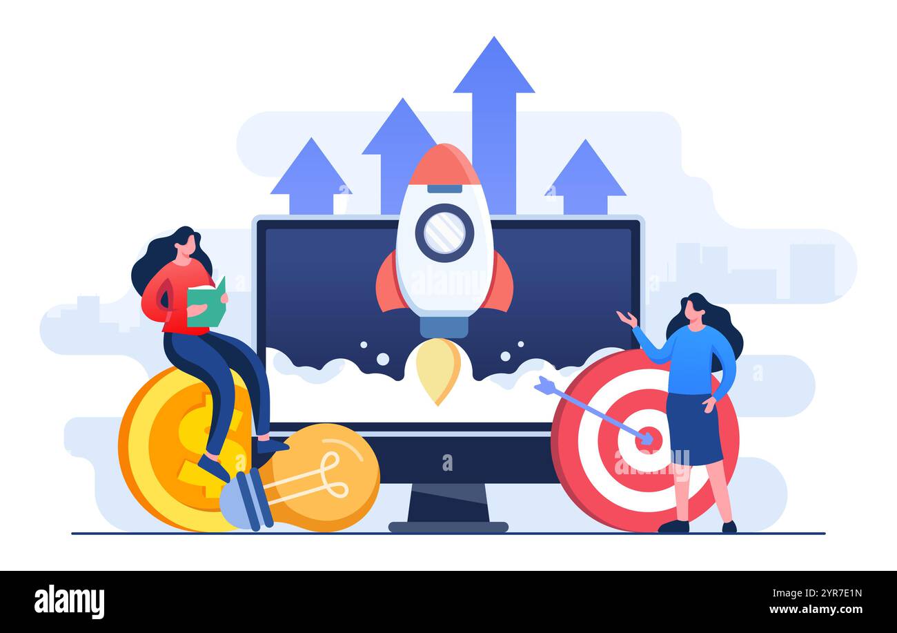Gli imprenditori lanciano un progetto aziendale di startup, strategia aziendale di successo, sviluppo aziendale, imprenditorialità, prodotto innovazione, ide creativo Illustrazione Vettoriale