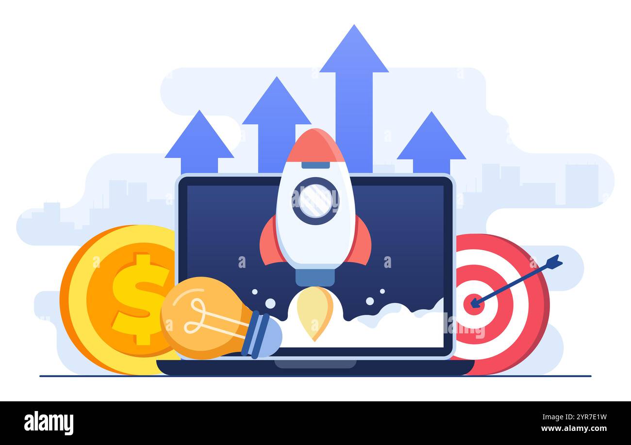 Illustrazione vettoriale piatta del razzo che decolla con successo dallo schermo del notebook, progetto aziendale di avvio, prodotto innovazione, idea creativa, Illustrazione Vettoriale