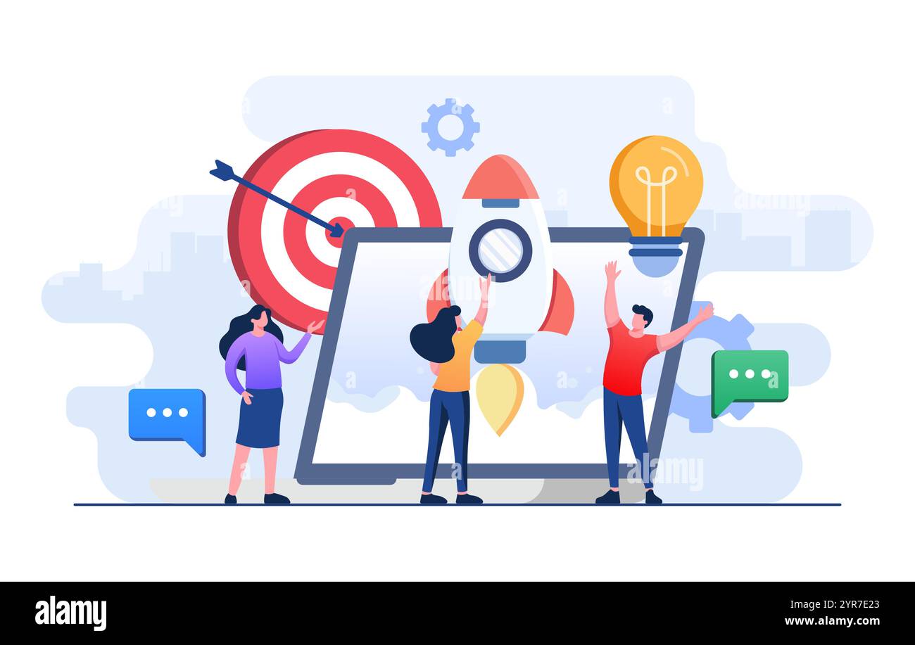 Gli imprenditori lanciano un progetto aziendale di startup, strategia aziendale di successo, sviluppo aziendale, imprenditorialità, prodotto innovazione, ide creativo Illustrazione Vettoriale