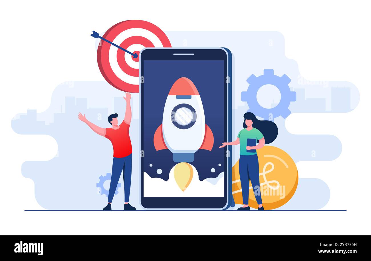 Businesspeople lancia un progetto aziendale di startup, strategia aziendale di successo, sviluppo aziendale, imprenditorialità, prodotto innovazione, io creativo Illustrazione Vettoriale