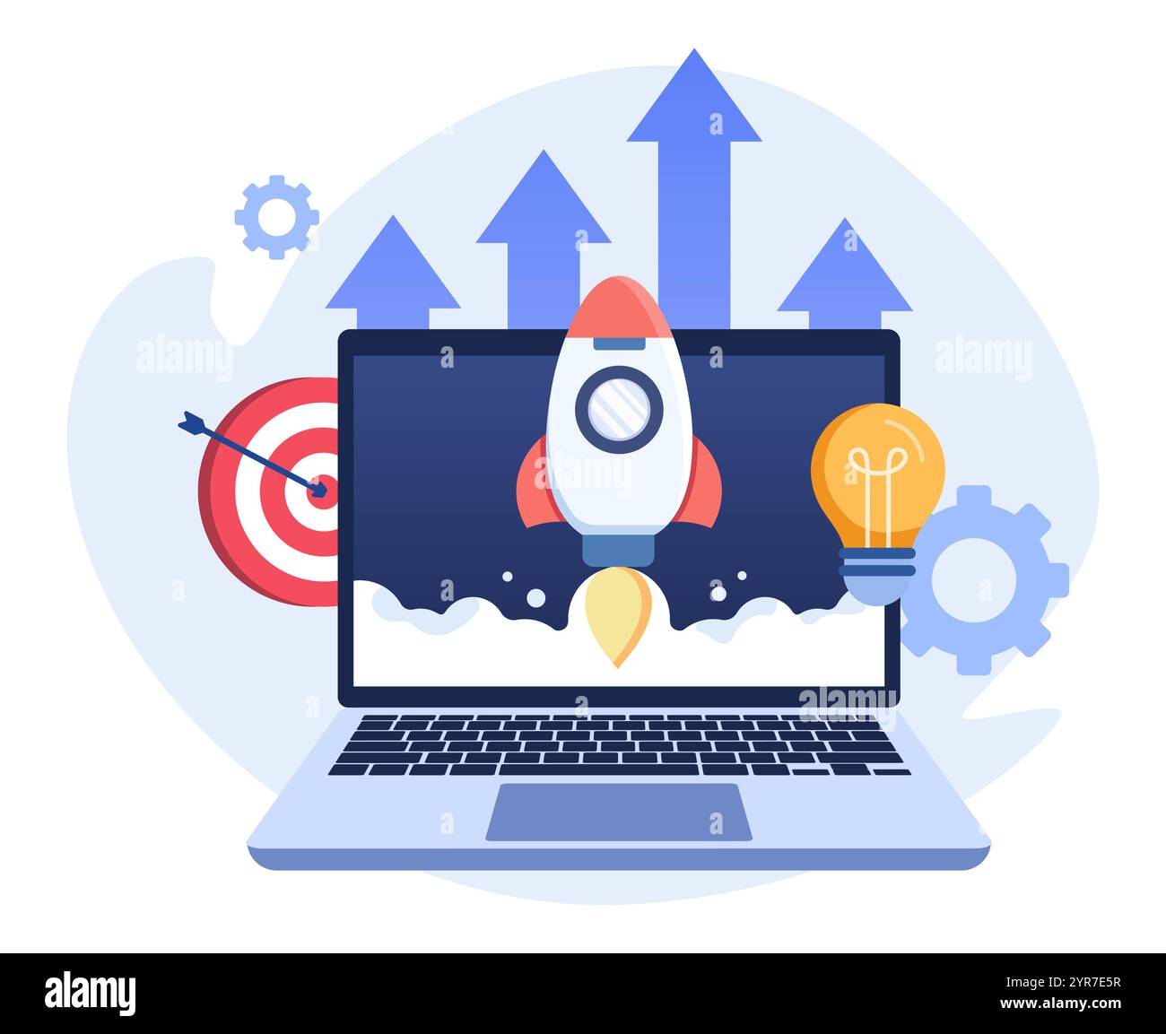 Illustrazione vettoriale piatta del razzo che decolla con successo dallo schermo del notebook, progetto aziendale di avvio, prodotto innovazione, idea creativa, Illustrazione Vettoriale