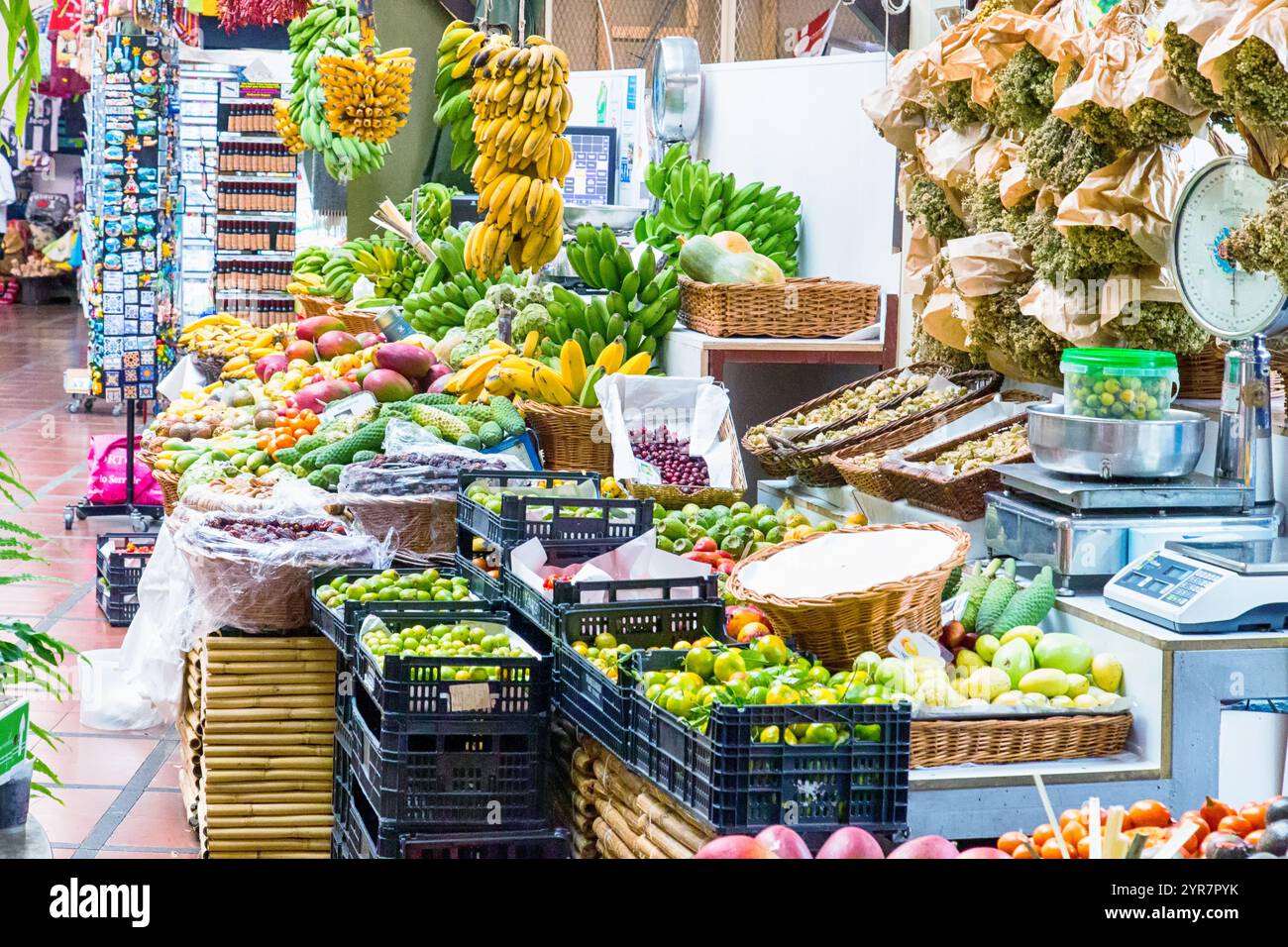Colori vivaci e atmosfera vivace del Mercado dos Lavradores a Funchal, Madeira Foto Stock