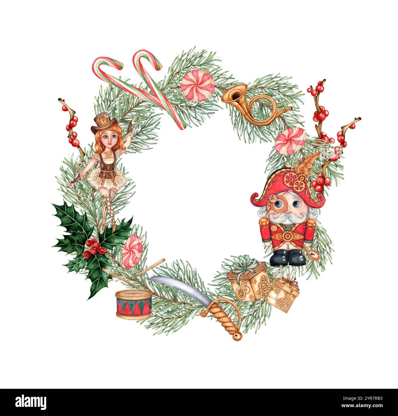 Cracker e ballerina Steampunk con ghirlanda di abete rosso, frutti di bosco, regali, caramello, sciabola, bugle, illustrazione ad acquerello del tamburo. Decorazioni natalizie Foto Stock