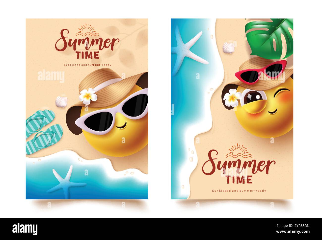 Design del set di poster clipart per emoji in estate. Testo estivo con carattere emoji che indossa occhiali da sole ed elementi cappello sullo sfondo della spiaggia. Illustrazione Vettoriale