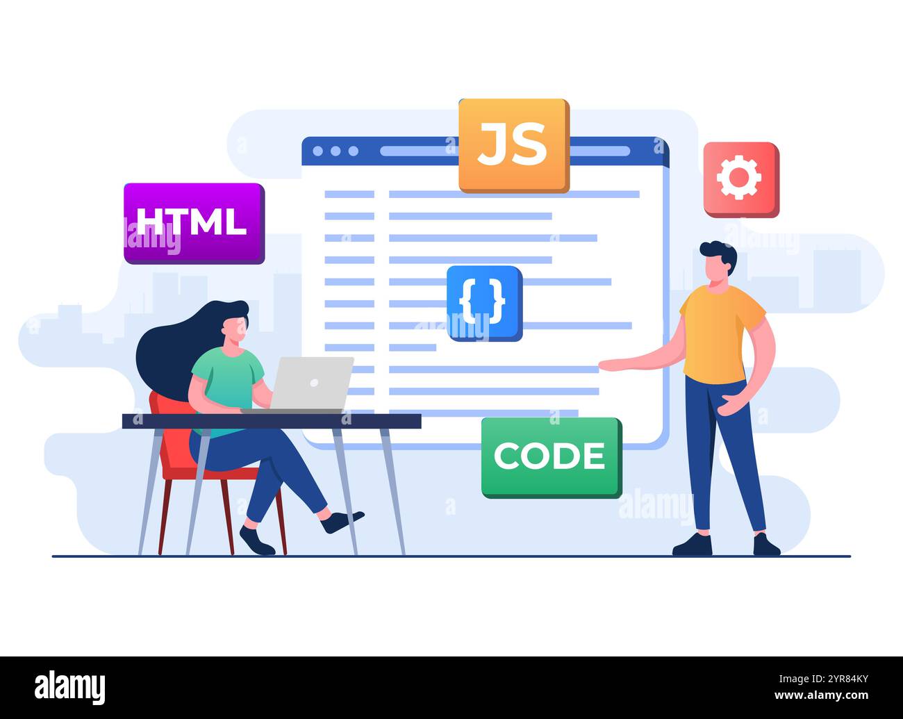 Software o codice di cablaggio per sviluppatori Web che utilizzano laptop, programmazione per computer, Java, simboli HTML, progettazione Web, software, progettazione di applicazioni, programmazione lan Illustrazione Vettoriale