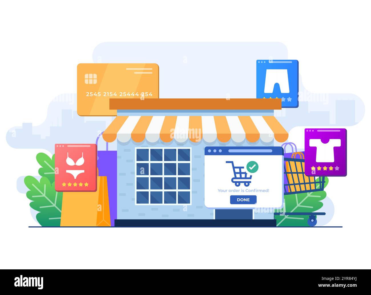 Illustrazione piatta del negozio di abbigliamento, acquisto, vestiti, borse, carte di credito, carrello, illustrazione piatta del concetto di acquisto per la landing page, Illustrazione Vettoriale Illustrazione piatta del negozio di abbigliamento, acquisto, vestiti, borse, carte di credito, carrello, illustrazione piatta del concetto di acquisto per la landing page, Illustrazione Vettoriale