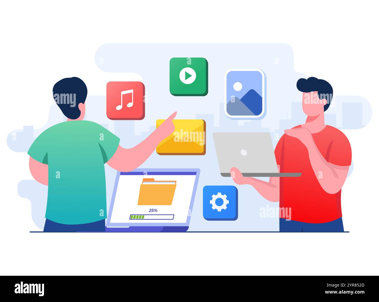 Due persone che condividono file, trasferimento dati, trasferimento documenti, gestione file, scambio dati, carica dati su Internet, carica e scarica, tecnologia cloud Illustrazione Vettoriale