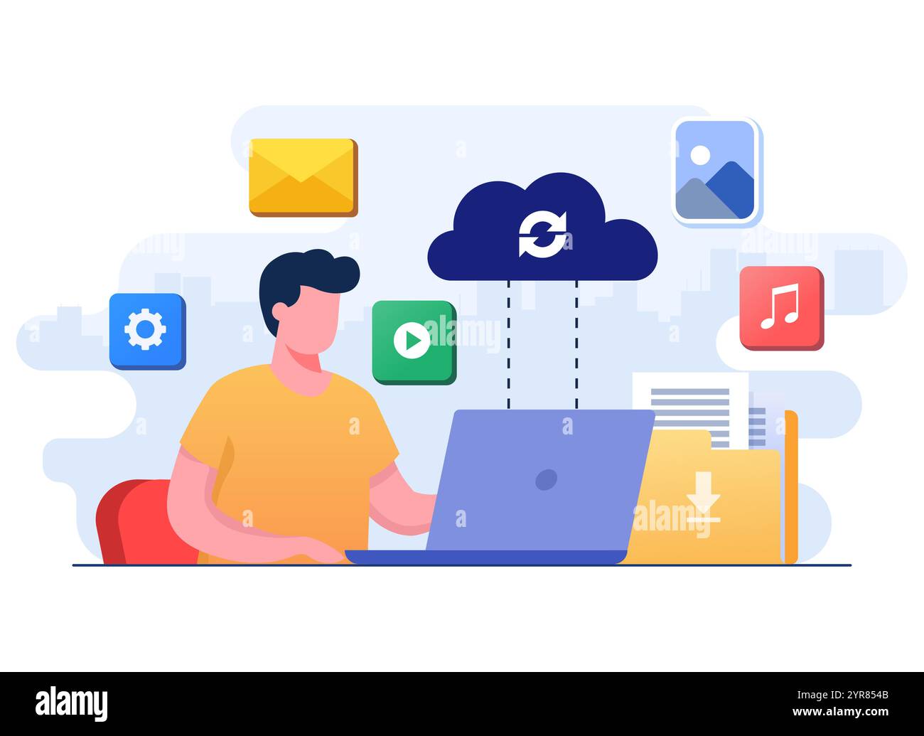 Uomo che lavora con il cloud computing e il servizio di database, sincronizzazione dei dati, condivisione sicura dei file, caricamento e download di file nel server cloud, Data Back Illustrazione Vettoriale
