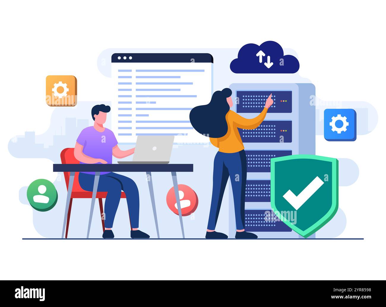 Ingegneri software con sicurezza per l'archiviazione dei dati nel cloud, sicurezza informatica, archiviazione di database, tecnologia di hosting online, protezione cloud, backup dei dati, file Illustrazione Vettoriale Ingegneri software con sicurezza per l'archiviazione dei dati nel cloud, sicurezza informatica, archiviazione di database, tecnologia di hosting online, protezione cloud, backup dei dati, file Illustrazione Vettoriale