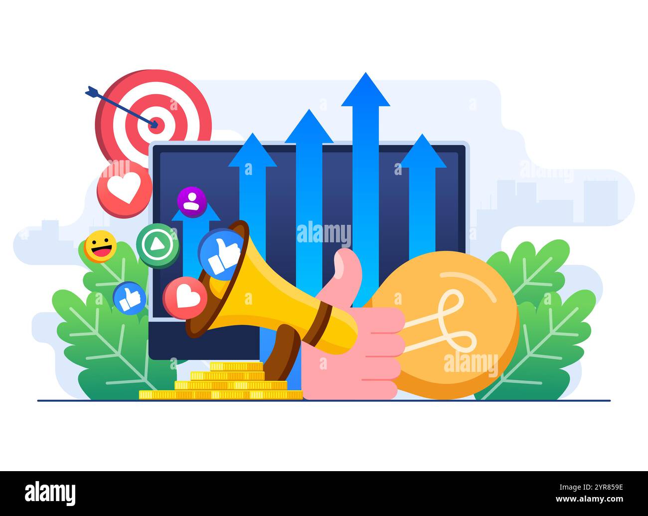 Strategia di marketing sui social media, agenzia di marketing digitale, attività di startup, promozione, e-commerce, concetto di campagna di marketing sui social media online per Illustrazione Vettoriale