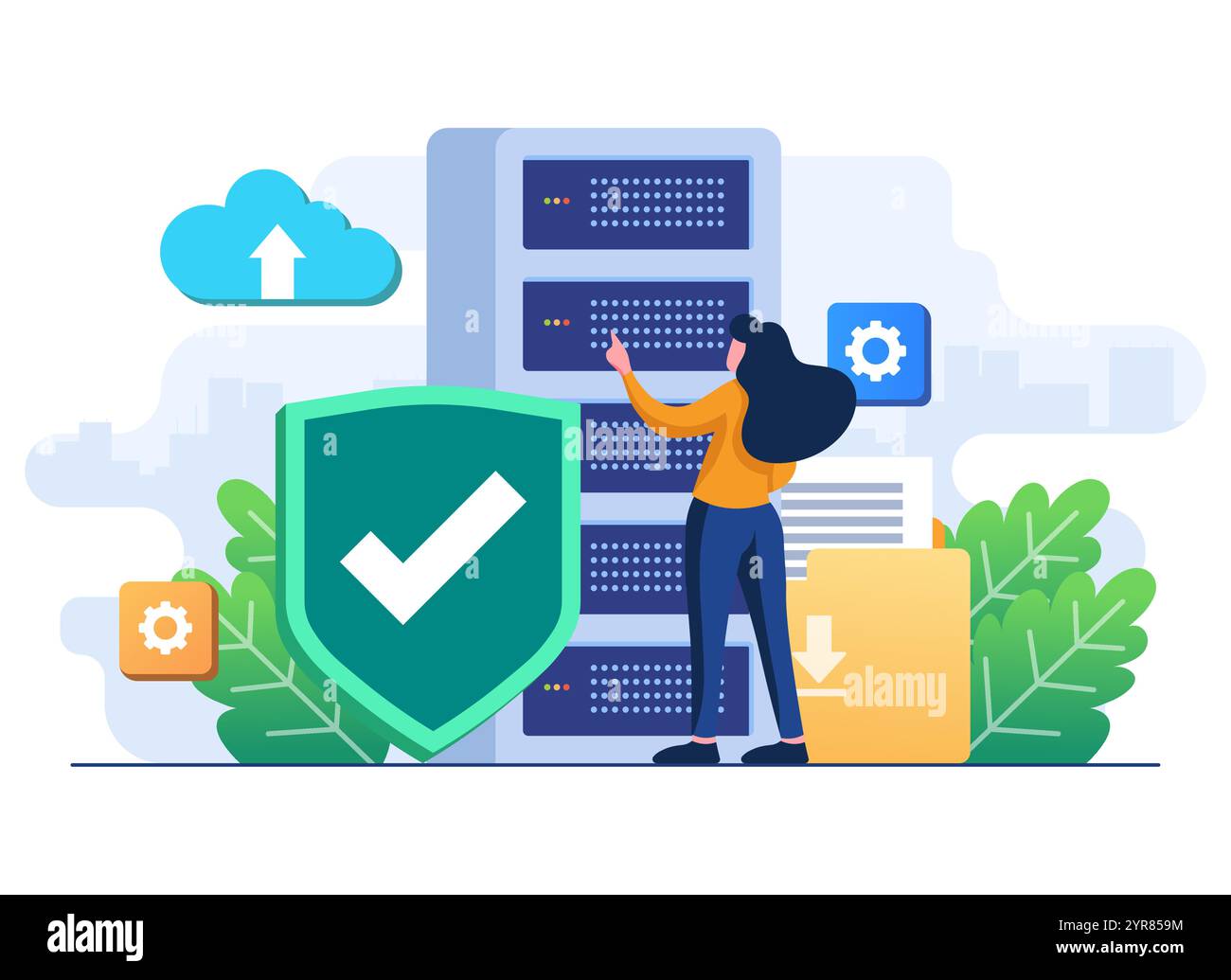 Ingegneri software con sicurezza per l'archiviazione dei dati nel cloud, sicurezza informatica, archiviazione di database, tecnologia di hosting online, protezione cloud, backup dei dati, file Illustrazione Vettoriale