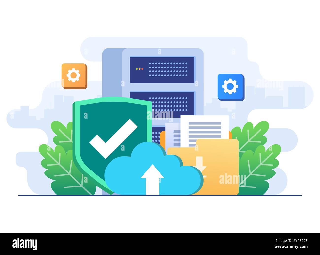 Sicurezza dell'archiviazione dei dati nel cloud, sicurezza informatica, archiviazione di database, tecnologia di hosting online, protezione cloud, backup dei dati, condivisione dei file, protezione personale Illustrazione Vettoriale Sicurezza dell'archiviazione dei dati nel cloud, sicurezza informatica, archiviazione di database, tecnologia di hosting online, protezione cloud, backup dei dati, condivisione dei file, protezione personale Illustrazione Vettoriale