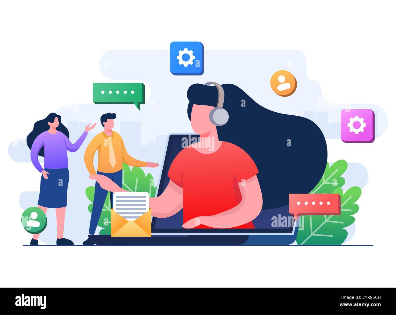 Sullo schermo del laptop appare l'operatore telefonico femminile, assistenza clienti online, che aiuta a risolvere i problemi, assistenza tecnica, operatore di telemarketing, A Illustrazione Vettoriale