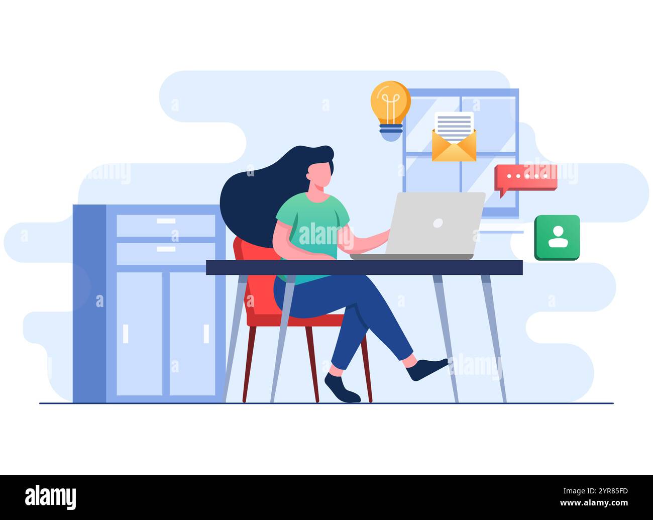 Giovane donna d'affari che lavora al concetto di illustrazione piatta del computer, freelance in un luogo di lavoro comodo Illustrazione Vettoriale
