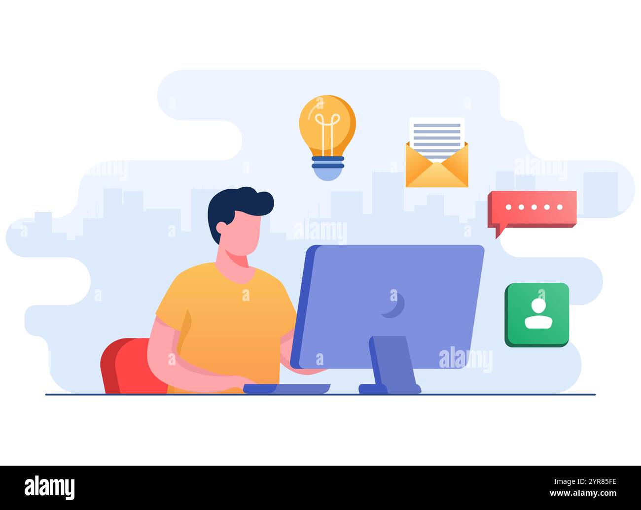 Giovane uomo d'affari che lavora al concetto di illustrazione piatta del computer, freelance in un luogo di lavoro comodo Illustrazione Vettoriale Giovane uomo d'affari che lavora al concetto di illustrazione piatta del computer, freelance in un luogo di lavoro comodo Illustrazione Vettoriale