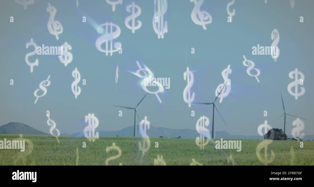 Il dollaro segna l'immagine sulle turbine eoliche in campo verde Foto Stock
