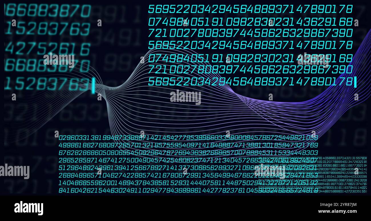Forme d'onda dati fluide e immagine di codifica binaria su sfondo scuro con numeri Foto Stock