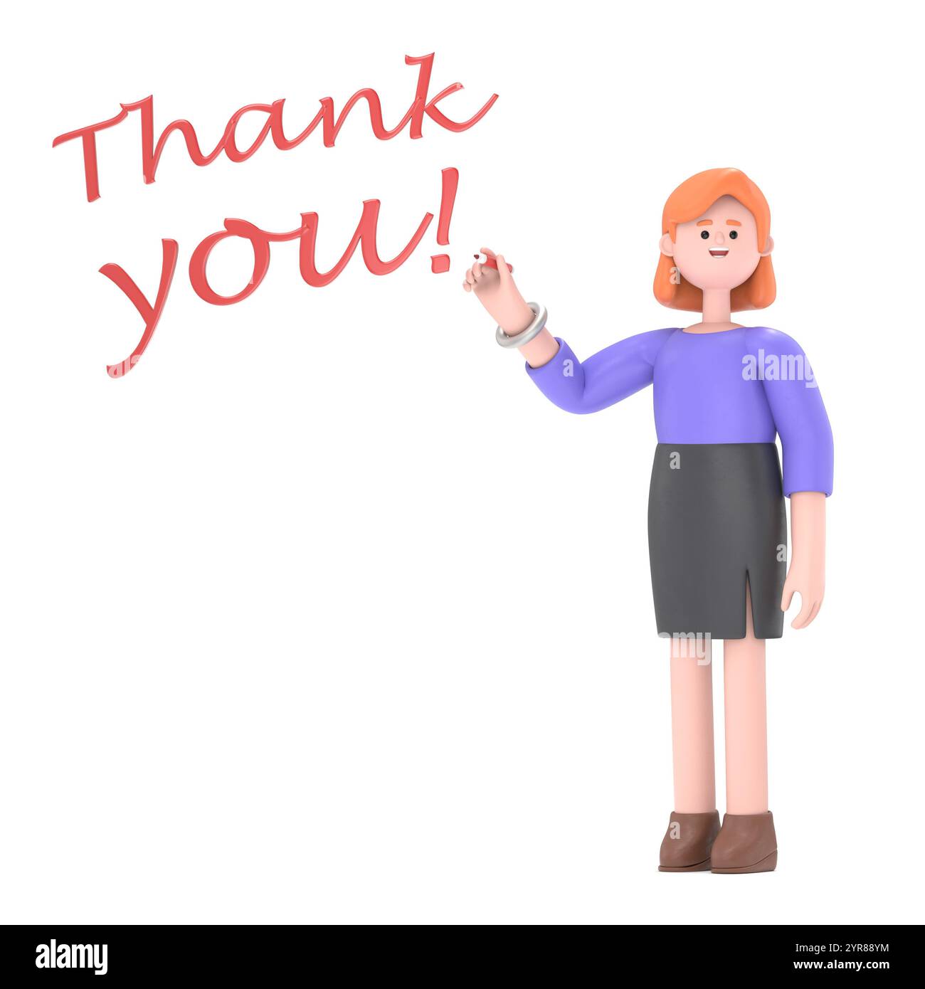 Illustrazione 3D della donna d'affari europea Ellen con amarker. Grazie! Illustrazione dei personaggi 3d mockup.rendering 3D su sfondo bianco. Foto Stock