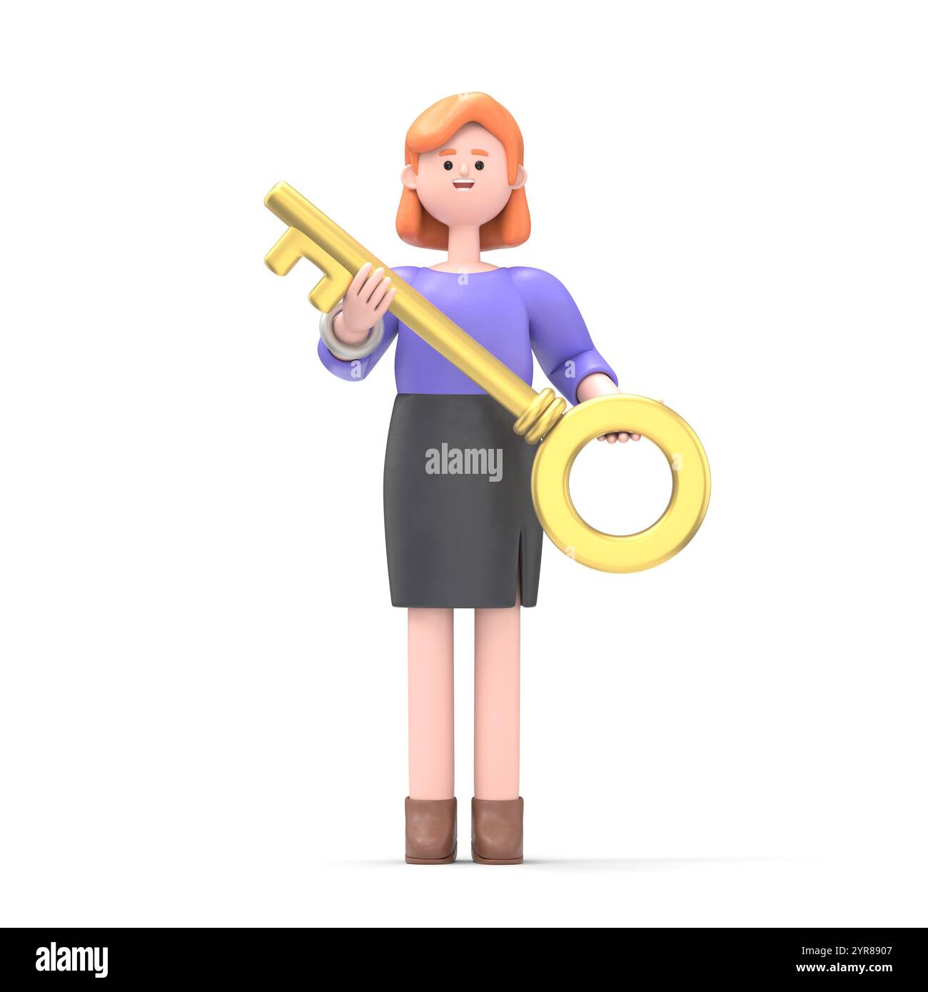 Illustrazione 3D dell'imprenditrice europea Ellenn con dollaro - chiave. Banchiere. Illustrazione dei personaggi 3d mockup.rendering 3D su sfondo bianco. Foto Stock