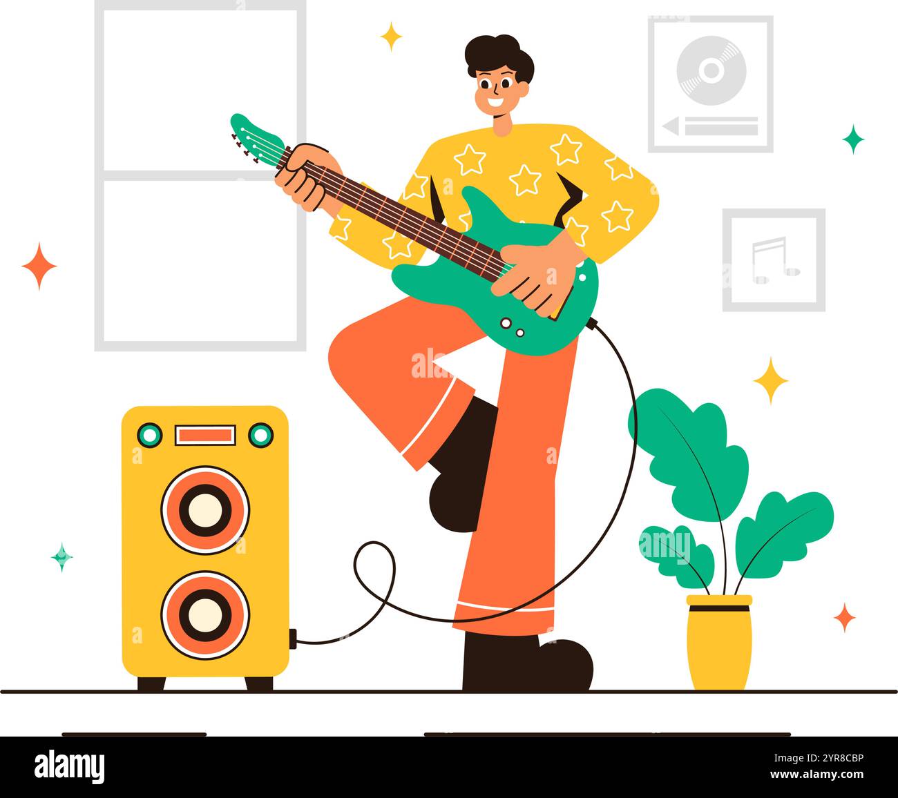 Illustrazione della scuola di musica con vari strumenti musicali, apprendimento dell'educazione musicale e spettacolo come musicisti e cantanti in sottofondo Illustrazione Vettoriale