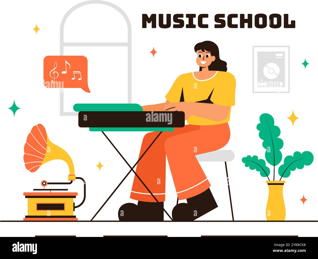 Illustrazione della scuola di musica con vari strumenti musicali, apprendimento dell'educazione musicale e spettacolo come musicisti e cantanti in sottofondo Illustrazione Vettoriale