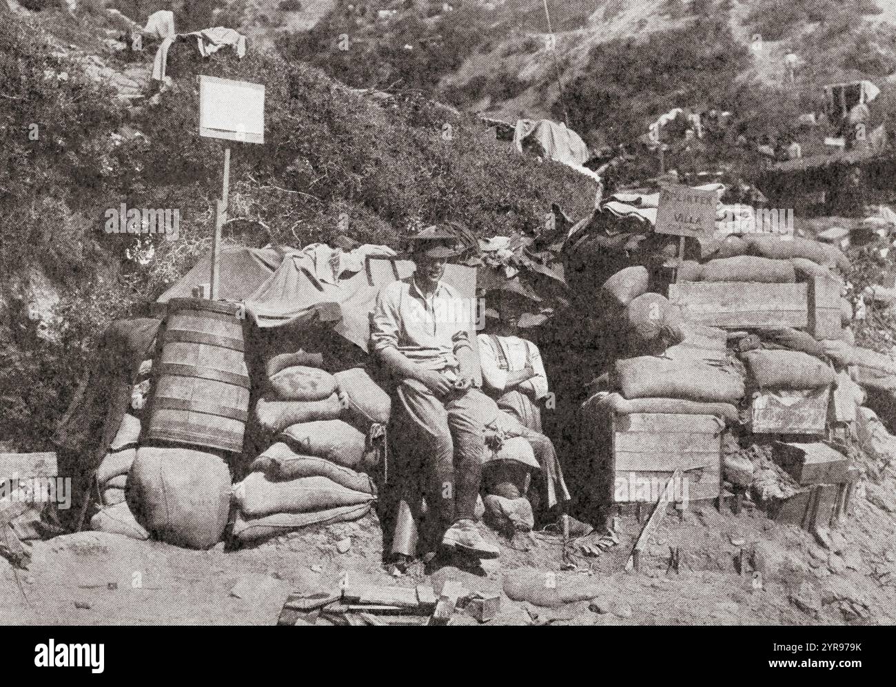 Dietro la linea di tiro ad Anzac Cove, 'Splinter Villa', uno dei scavati australiani, la prima Guerra Mondiale. From the Great World War, A History, pubblicato nel 1916. Foto Stock