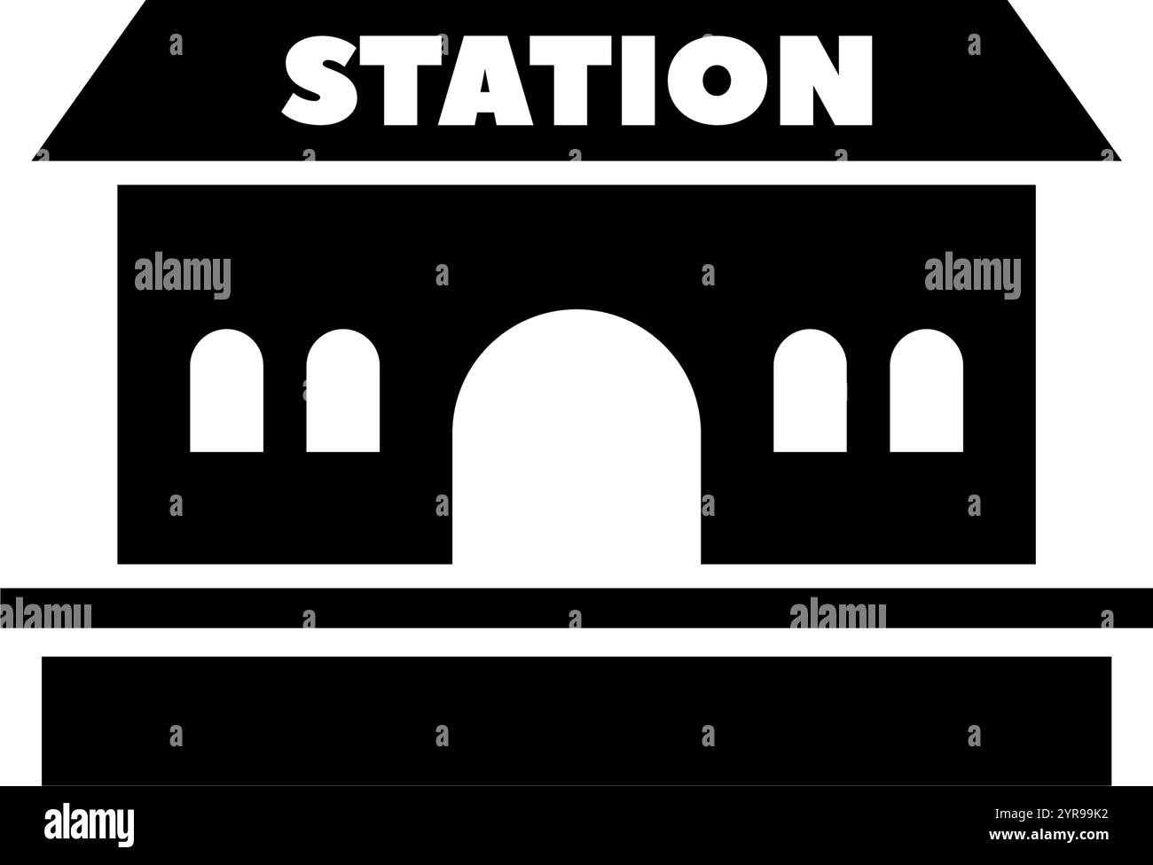 Elegante icona nera della stazione ferroviaria, ideale per i moderni progetti di transito. Illustrazione Vettoriale