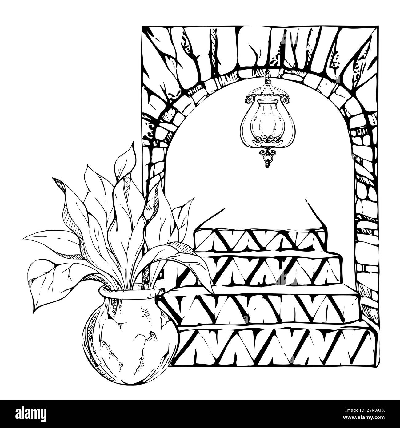 Portale di apertura ad arco con giardino, piastrelle geometriche azulejo, scale piante in vaso, lanterna in ghisa sospesa. Illustrazione del vettore di inchiostro disegnato a mano Illustrazione Vettoriale