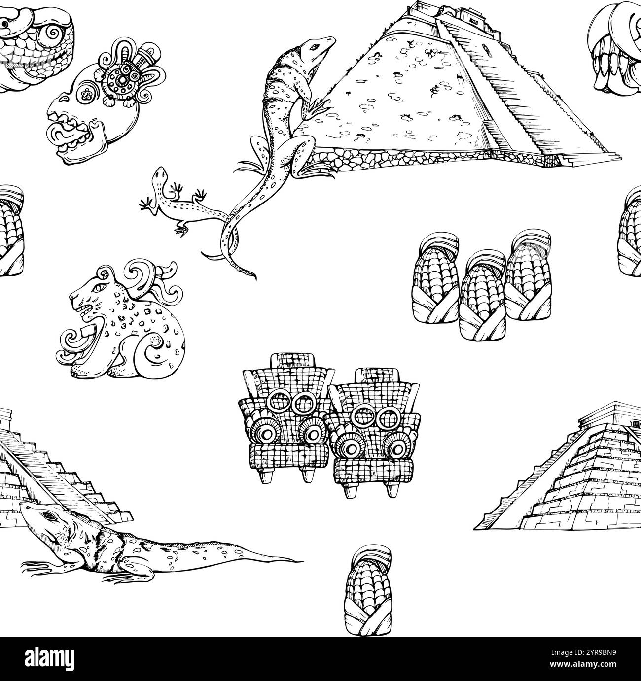 Piramide azteca messicana, antiche sculture religiose, iguana giaguaro teschio dio del mais. Illustrazione isolata del vettore di inchiostro disegnata a mano Illustrazione Vettoriale