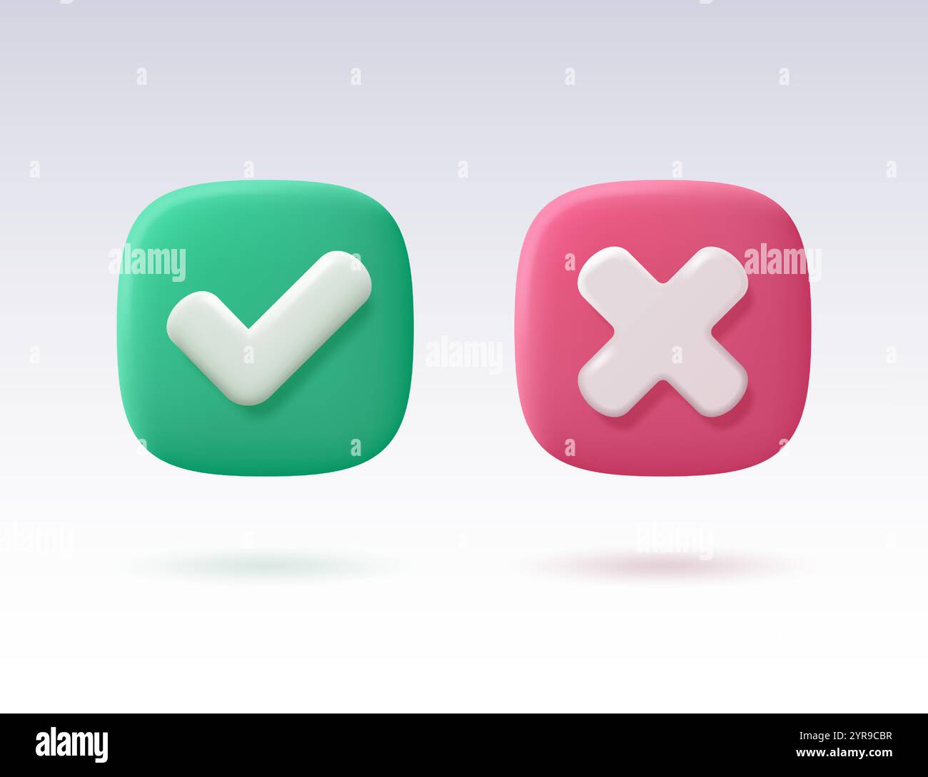 Segno di spunta verde e croce rossa isolata su sfondo chiaro. Illustrazione vettoriale 3D. Illustrazione Vettoriale