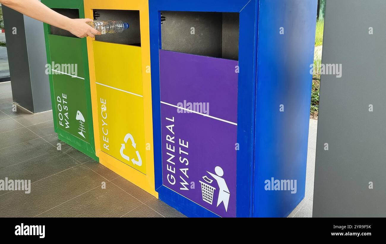 woman hand inserisce una bottiglia di plastica in un cestino separando i rifiuti per diversi tipi di rifiuti per icona e colore del cestino e dei rifiuti di riciclaggio. Foto Stock