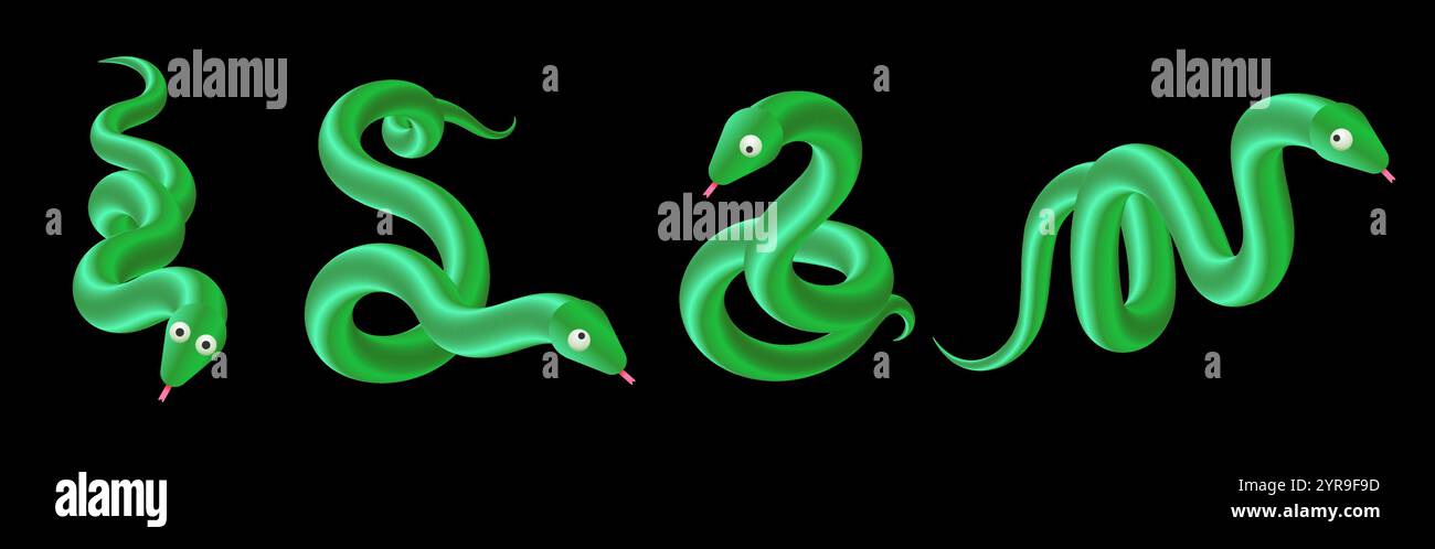 Divertente arte del serpente a gradiente verde brillante in 3D. Illustrazione Vettoriale