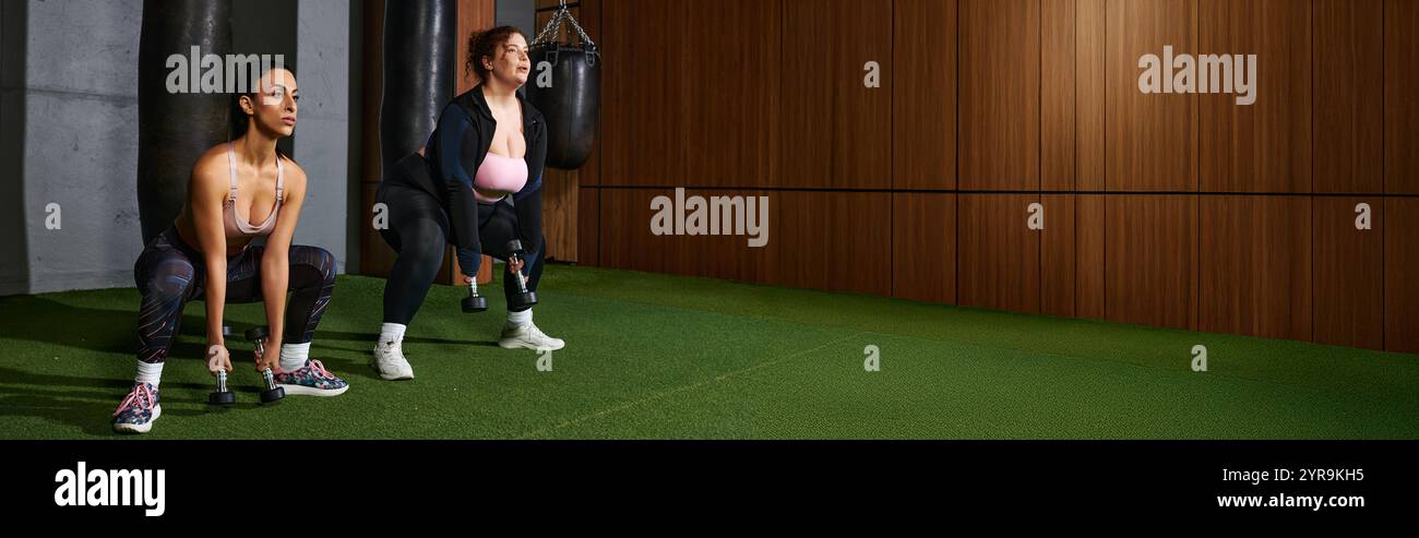 Due donne dedicate eseguono squat con pesi in un elegante ambiente da palestra. Foto Stock