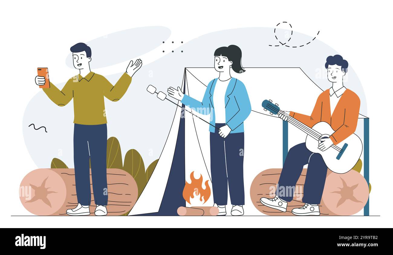 Campeggio con gli amici. Uomini con chitarra e donna vicino al fuoco e alla tenda. Stile di vita attivo, campeggio ed escursioni. Attività ricreative all'aperto. Vettore lineare Illustrazione Vettoriale