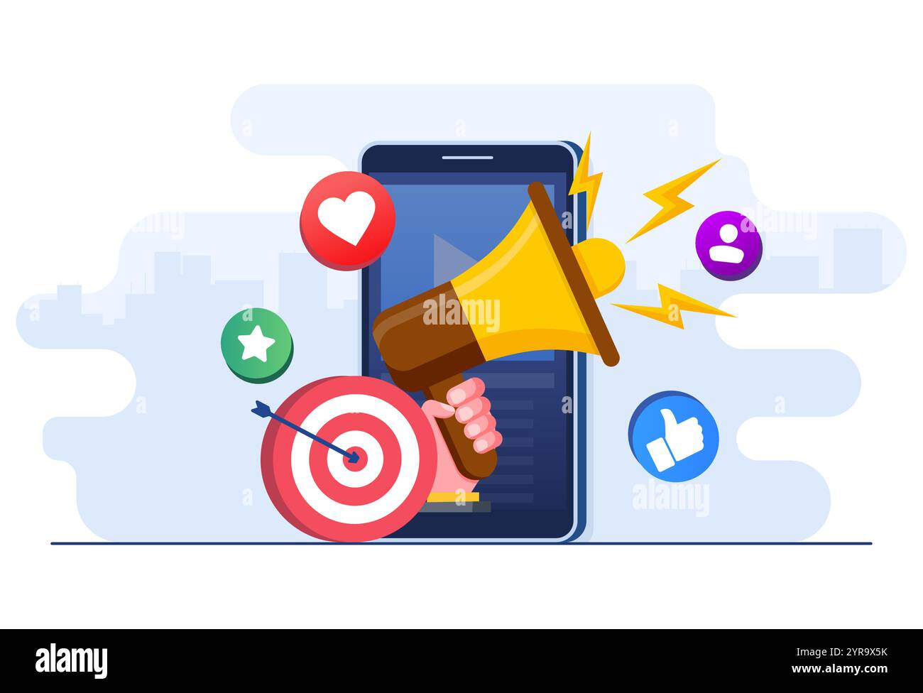 Illustrazione piatta del concetto di marketing digitale, campagna sui social media, promozione, e-commerce, agenzia di marketing Illustrazione Vettoriale