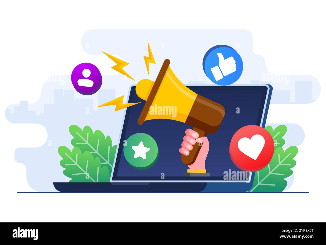 Modello vettoriale per illustrazione piatta del concetto di marketing digitale, campagna sui social media, promozione, e-commerce, agenzia di marketing, megafono su un laptop scree Illustrazione Vettoriale