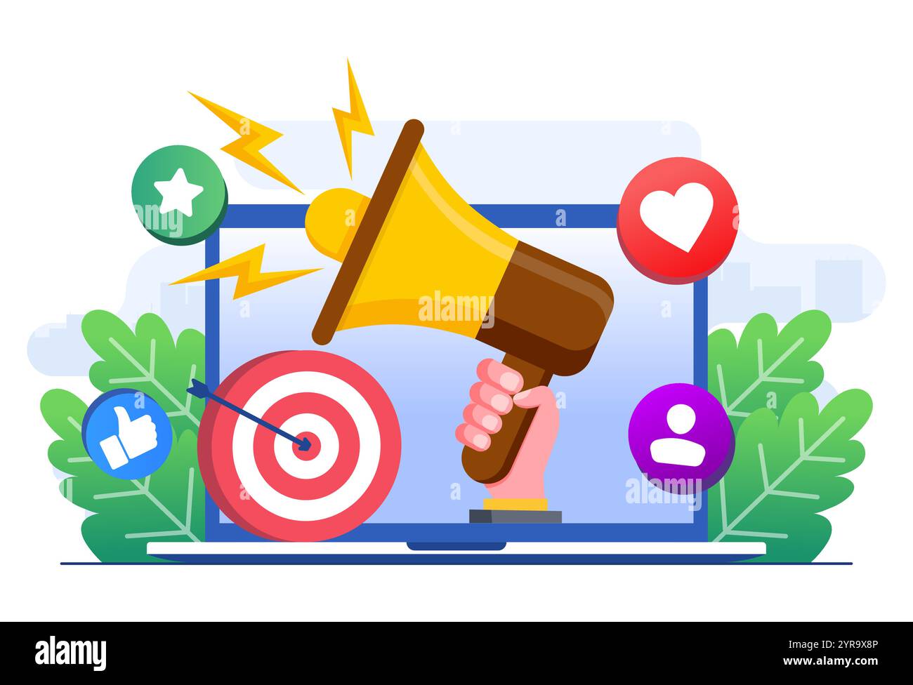 Modello vettoriale per illustrazione piatta del concetto di marketing digitale, campagna sui social media, promozione, e-commerce, agenzia di marketing, megafono su un laptop scree Illustrazione Vettoriale