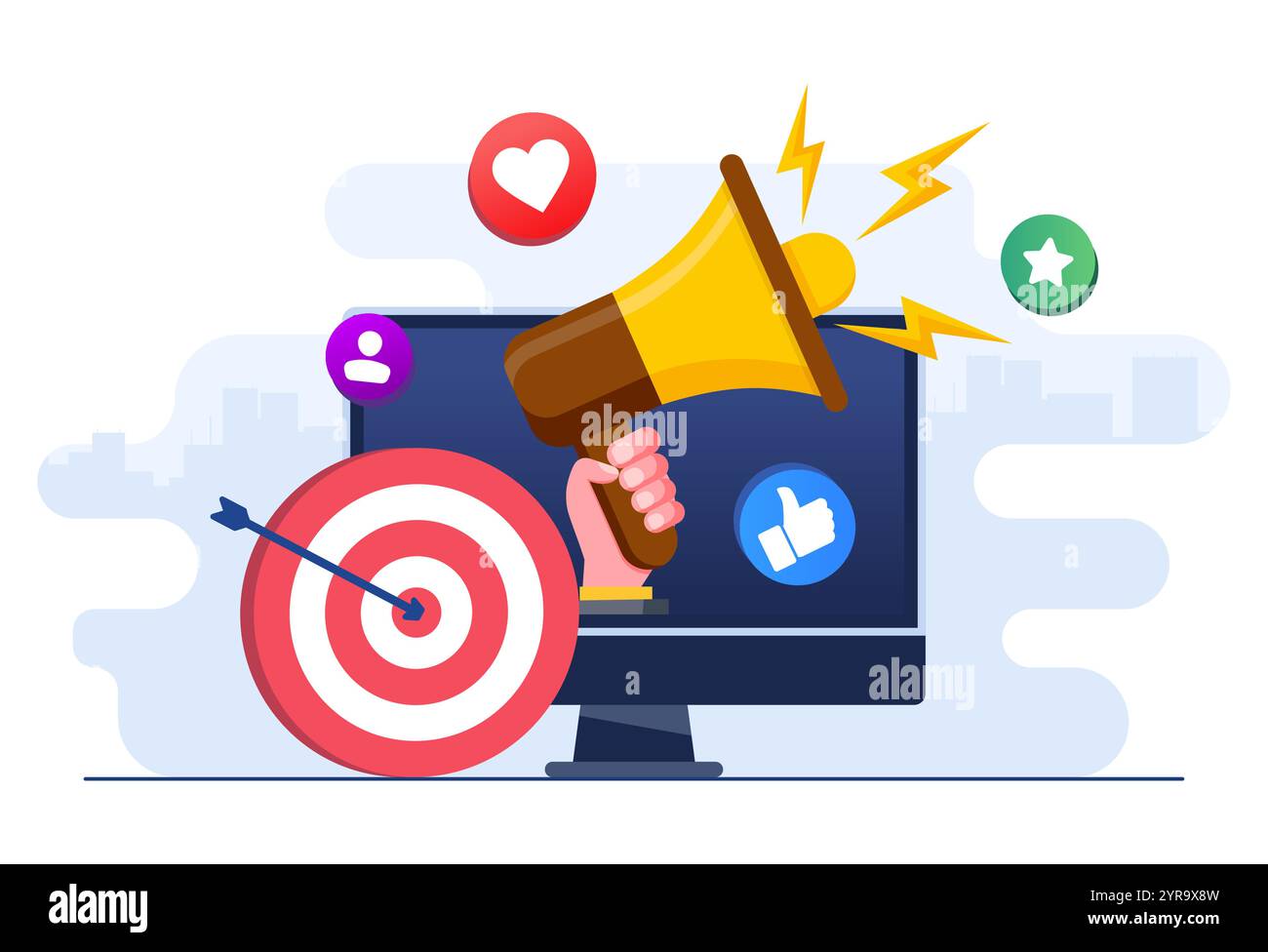 Modello vettoriale per illustrazione piatta del concetto di marketing digitale, campagna sui social media, promozione, e-commerce, agenzia di marketing, megafono su un laptop scree Illustrazione Vettoriale