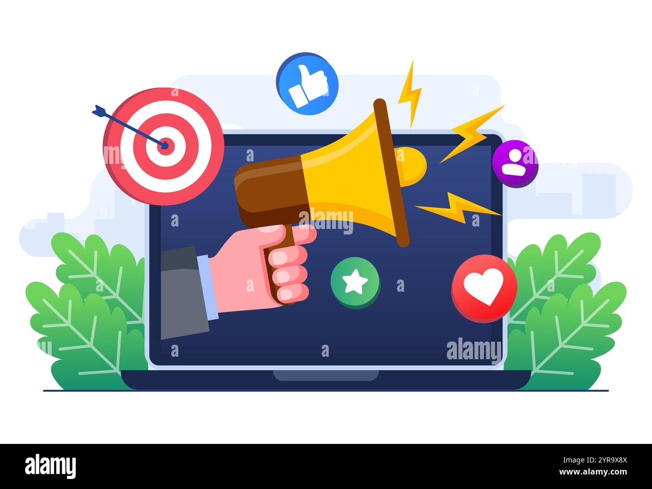 Modello vettoriale per illustrazione piatta del concetto di marketing digitale, campagna sui social media, promozione, e-commerce, agenzia di marketing, megafono su un laptop scree Illustrazione Vettoriale
