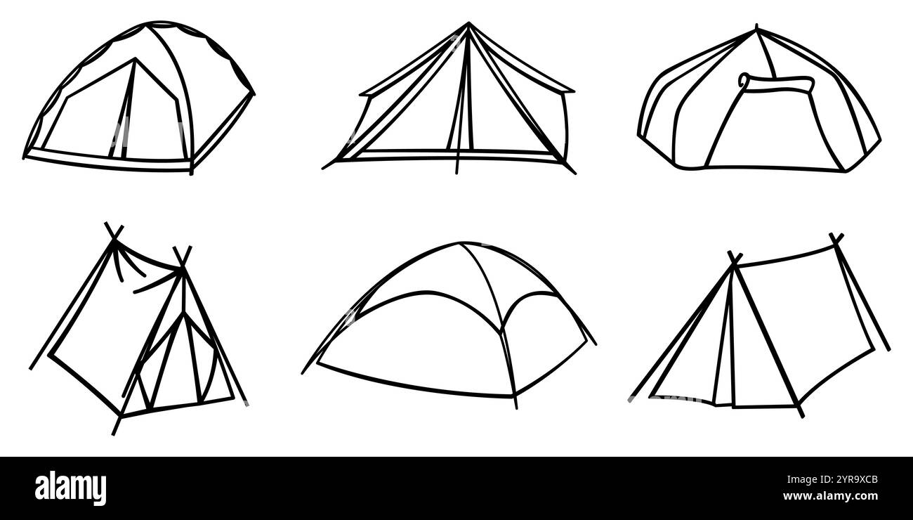 Collezione di tende da campeggio. Tenda per campeggio, escursioni, turismo locale. Elementi isolati su bianco. Illustrazione Vettoriale