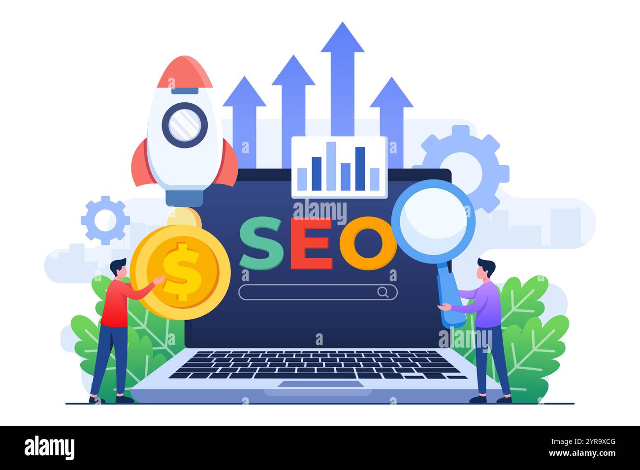 Concetto di ottimizzazione del motore di ricerca modello vettoriale per illustrazione piatta, crescita SEO, finestra di ricerca browser sullo schermo del notebook con una lente di ingrandimento Illustrazione Vettoriale