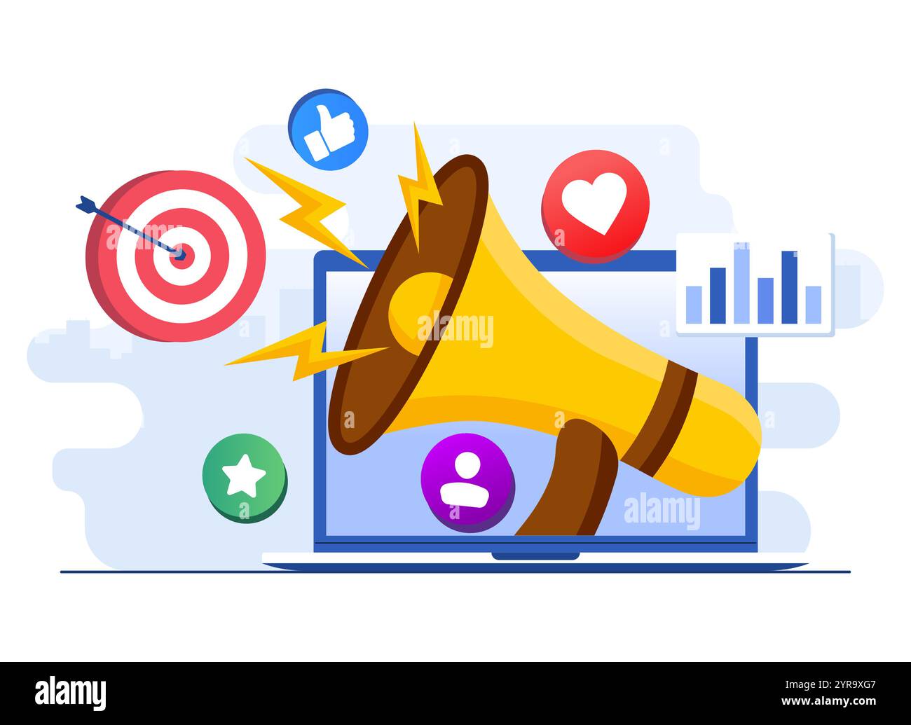 Modello vettoriale per illustrazione piatta del concetto di marketing digitale, campagna sui social media, promozione, e-commerce, agenzia di marketing, megafono su un laptop scree Illustrazione Vettoriale