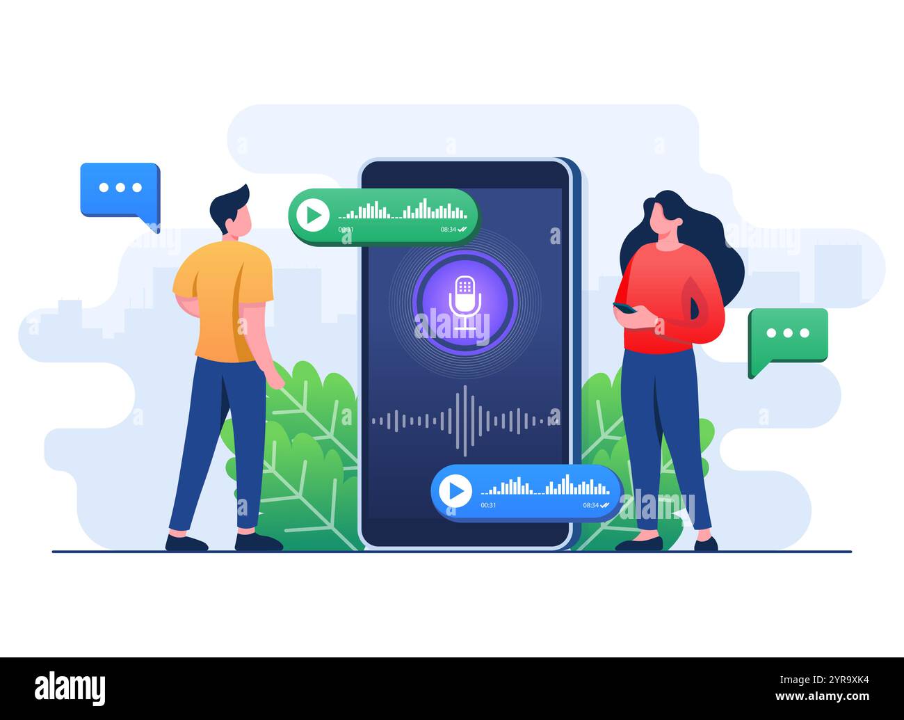 Le persone utilizzano l'applicazione di controllo vocale sullo smartphone, messaggio vocale, riconoscimento vocale, concetto di assistenza vocale online, immagine vettoriale piatta Illustrazione Vettoriale