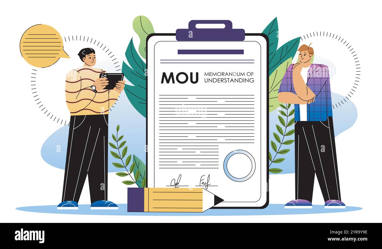 Concetto di memorandum d'intesa. Due uomini vicino al documento MOU. I Biusinessmen concludono un accordo. Regola e regolamentazione. Vettore piatto Illustrazione Vettoriale