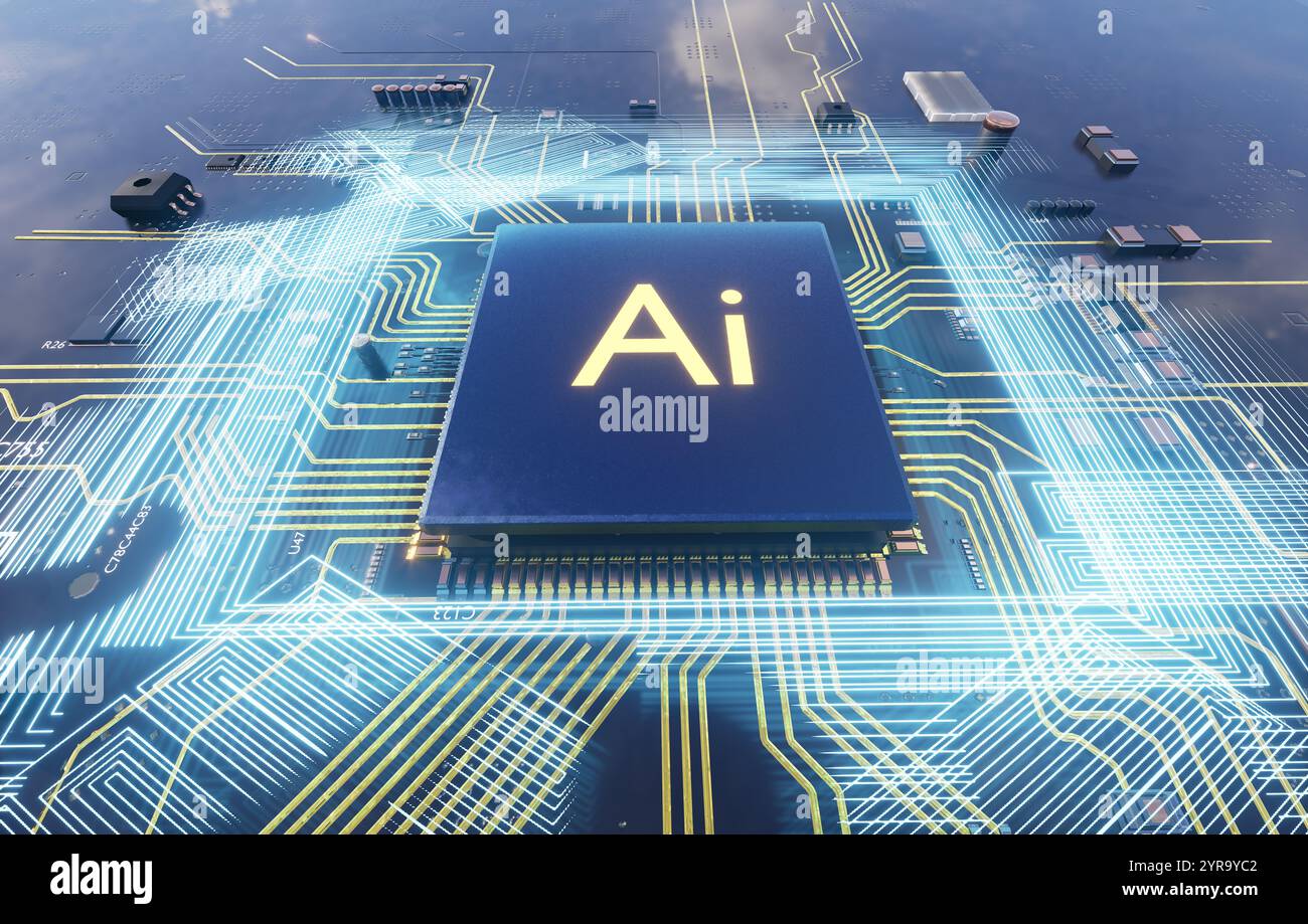 Tecnologia AI (intelligenza artificiale), concetto di CPU con circuito stampato Foto Stock
